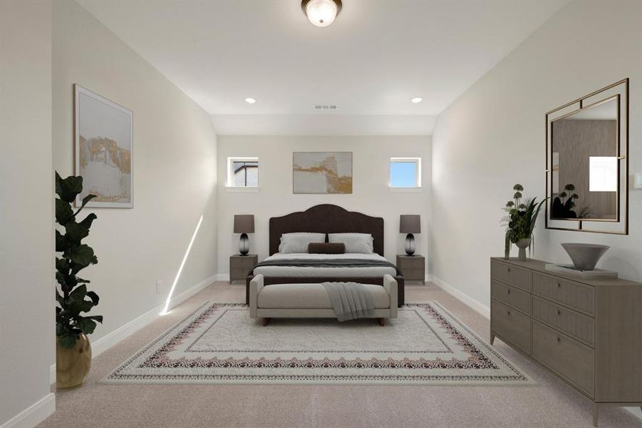 Bedroom with light colored carpet and recessed lighting