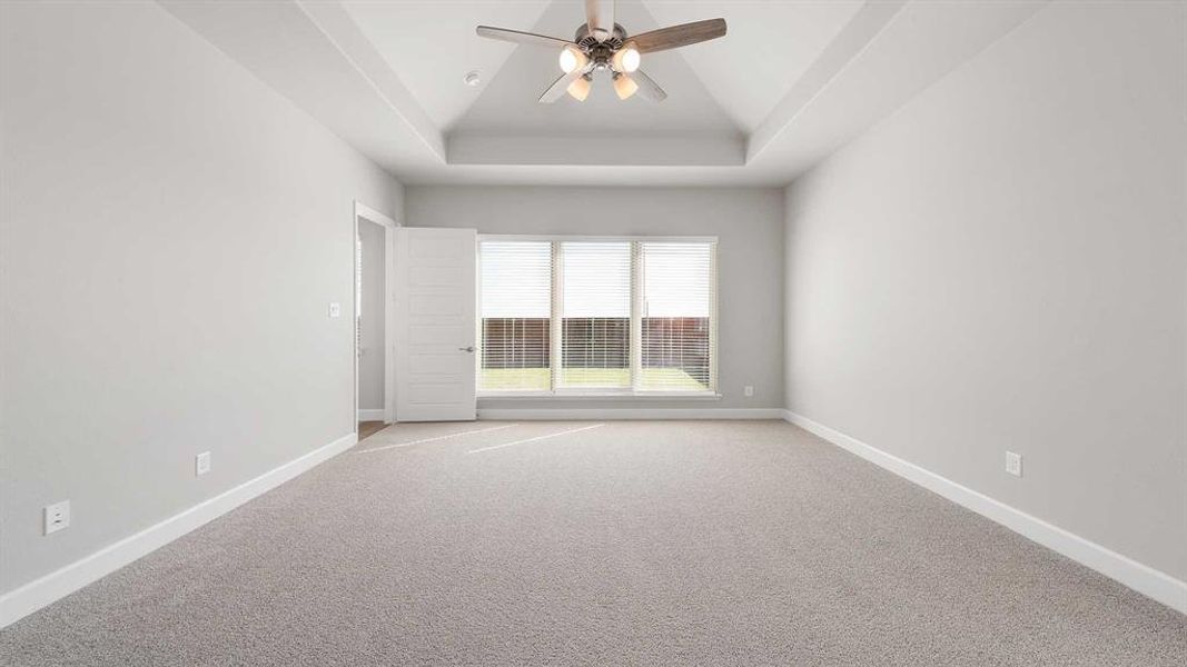 Unfurnished room featuring light carpet, a raised ceiling, vaulted ceiling, and ceiling fan