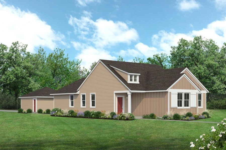 Rendering of one story two-toned tan home with red door and detached garage with sky and landscaping Rendering of one story two-toned tan home with red door and detached garage with sky and landscaping