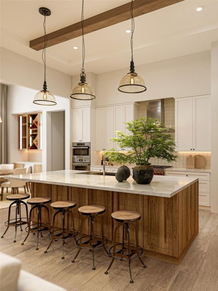 Exquisite wooden ceiling beams and a stone-topped island highlight this culinary space.