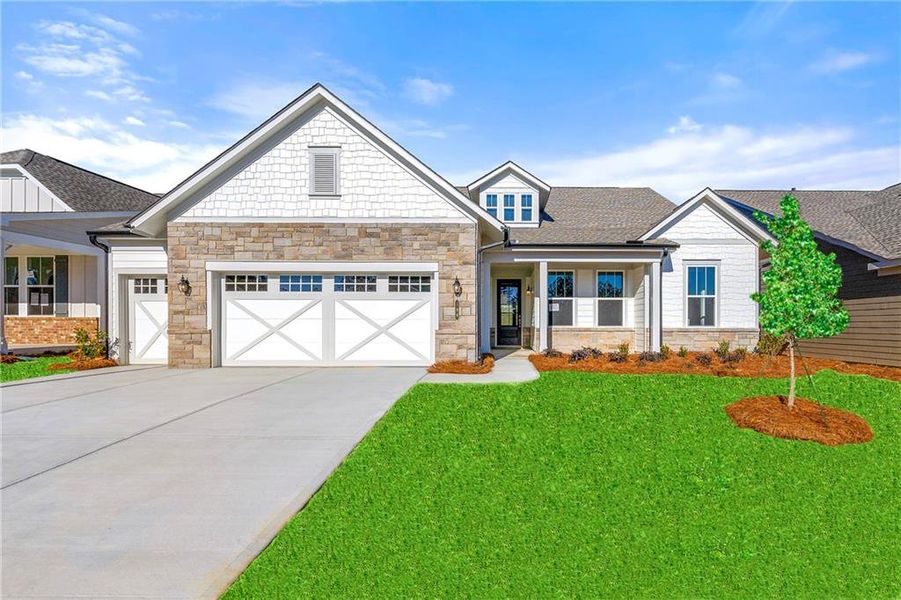 Front exterior of a new home in Cresswind Georgia at Twin Lakes, Hoschton, GA, highlighting curb appeal (Image 1).