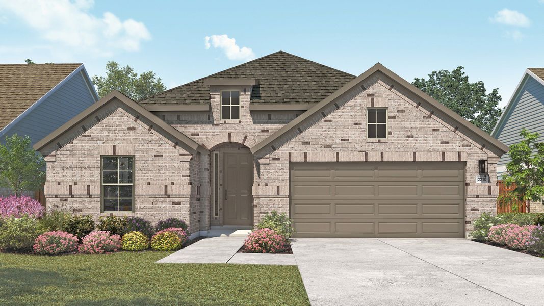 Representative exterior photo of a completed home built from the Oleander by DRB Homes in Newhaven, Manor, TX (Image 2). Representative exterior photo of a completed home built from the Oleander by DRB Homes in Newhaven, Manor, TX (Image 2).