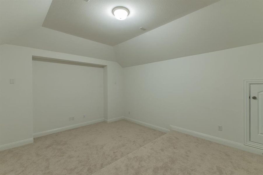 Spacious room featuring neutral carpeting, a tray ceiling, and a built-in wall niche