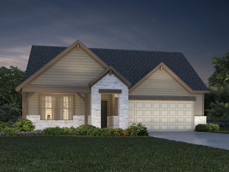 View of front facade featuring stone siding, an attached garage, concrete driveway, and a shingled roof
