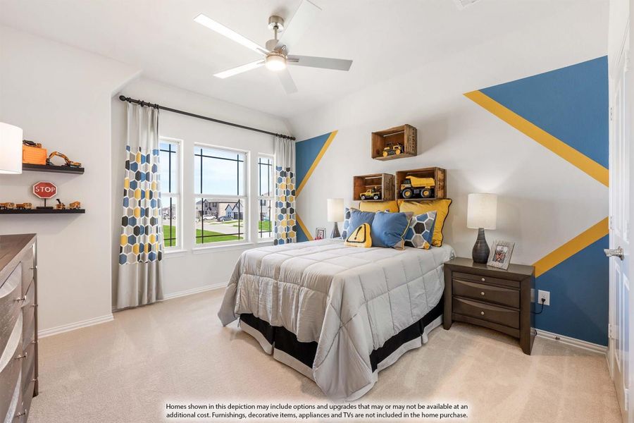 Children's bedroom with blue and yellow accent wall, ceiling fan, and carpet flooring Children's bedroom with blue and yellow accent wall, ceiling fan, and carpet flooring