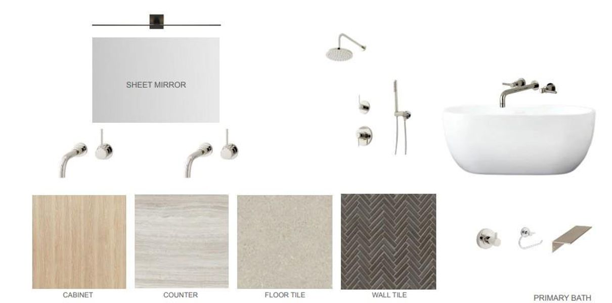 Design Selection Document, Primary Bath. Illustrating fixture and material choices for the primary bath within the property