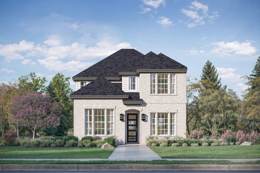 Representative exterior photo of a completed home built from the Skybrook by Landon Homes in Fields - East Village, Frisco, TX (Image 2). Representative exterior photo of a completed home built from the Skybrook by Landon Homes in Fields - East Village, Frisco, TX (Image 2).