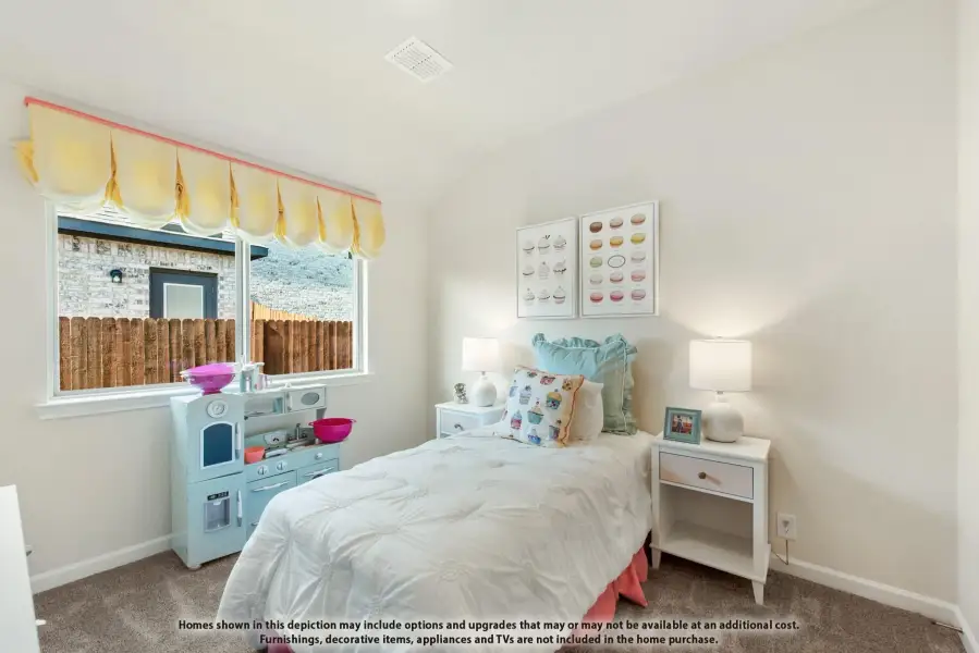 Children's bedroom with twin bed, white walls, vaulted ceiling, and a window with yellow valance curtains.