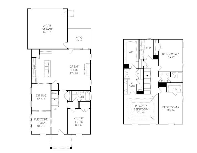 2D floor plan layout for the Caspian - Cottage Series by Dream Finders Homes in The Settlement, Simpsonville, SC (Image 3).