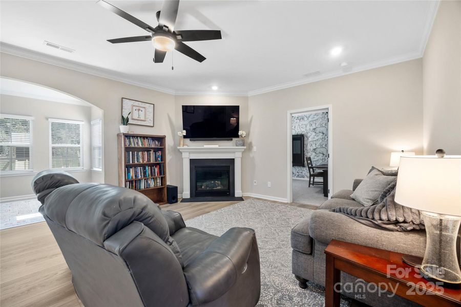 Guest bedroom/office is located off the family room. Guest bedroom/office is located off the family room.