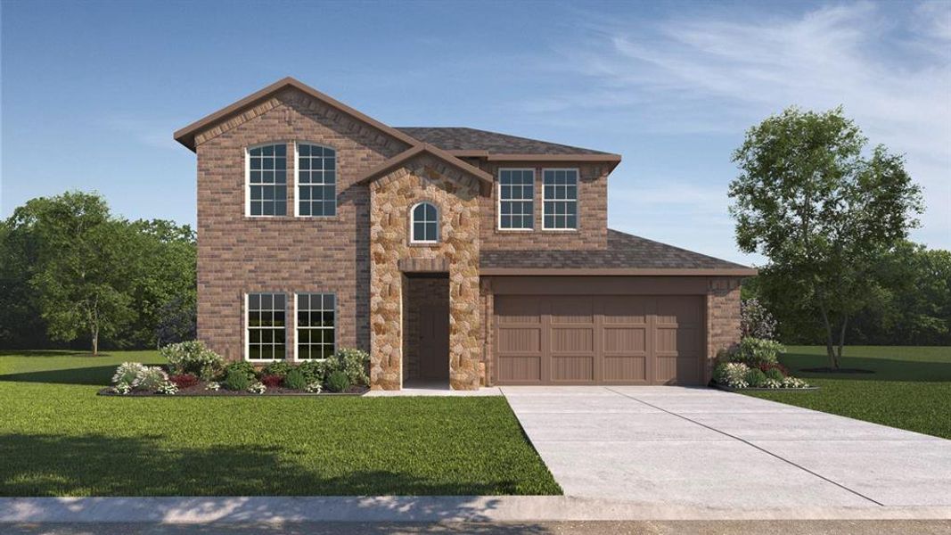 Front exterior of a new home in Trailstone, Caddo Mills, TX, highlighting curb appeal (Image 1).