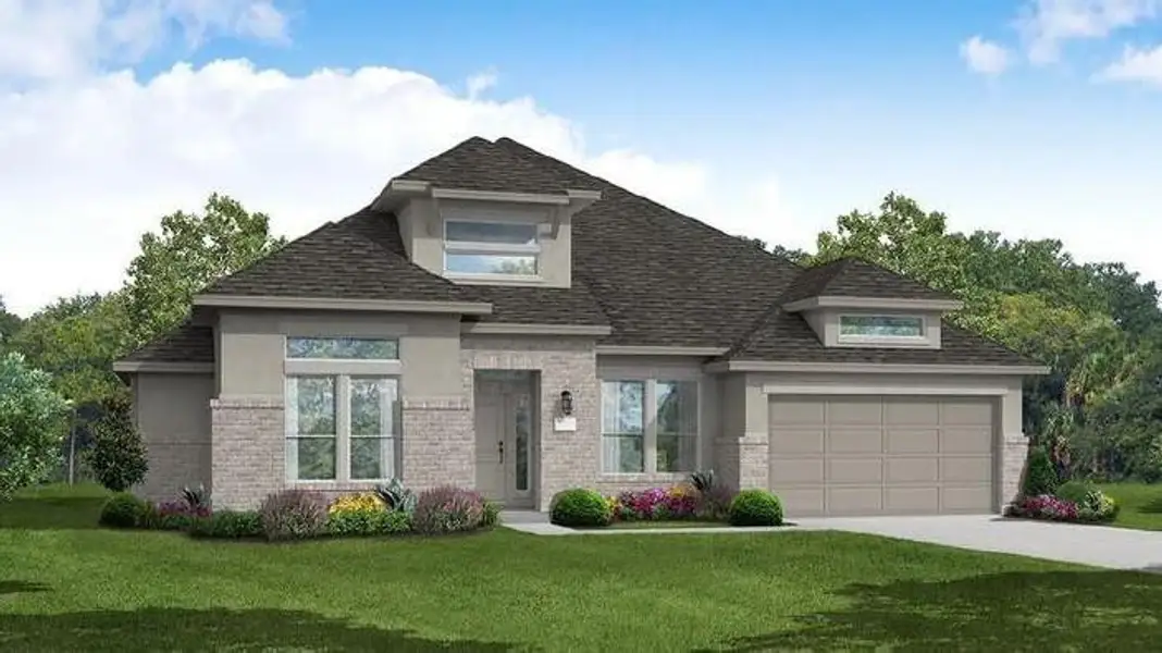 Front exterior of a new home in Valencia, Manvel, TX, highlighting curb appeal (Image 1). Front exterior of a new home in Valencia, Manvel, TX, highlighting curb appeal (Image 1).