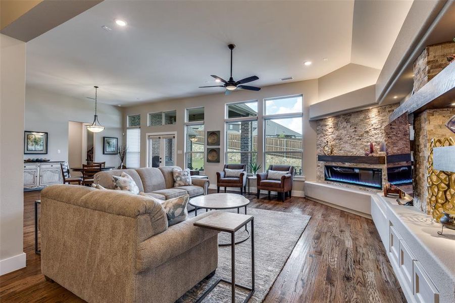 Electric fireplace adds a modern touch to the room