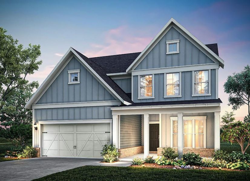 Front exterior of a new home in Hunters Creek, Flowery Branch, GA, highlighting curb appeal (Image 1). Front exterior of a new home in Hunters Creek, Flowery Branch, GA, highlighting curb appeal (Image 1).