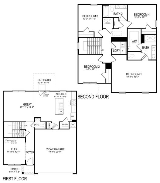 2D floor plan layout for the BELHAVEN by D.R. Horton in Pointe Park, Union City, GA (Image 5).