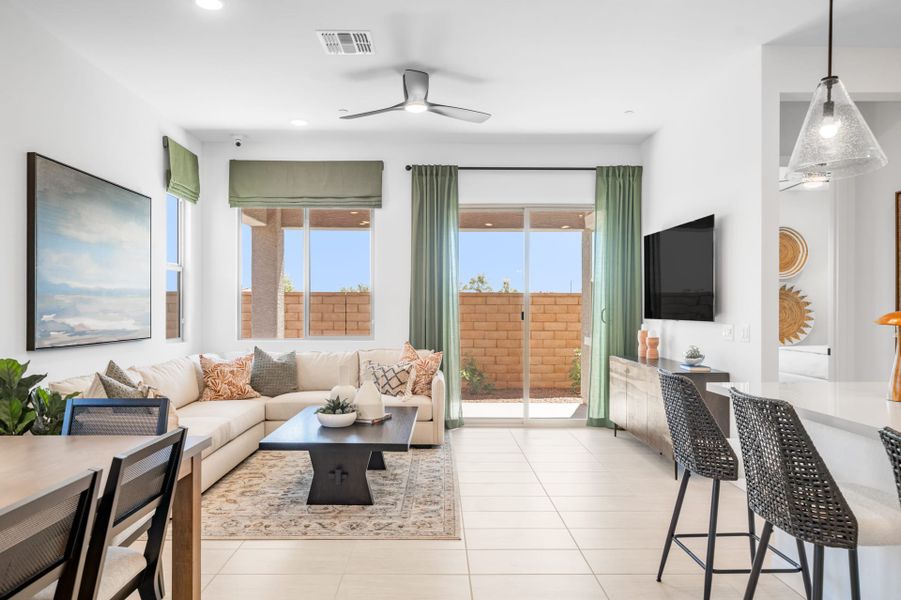 Great Room & Dining Room | Brisa Model Home | Mira Vista at Victory in Buckeye, AZ by Landsea Homes