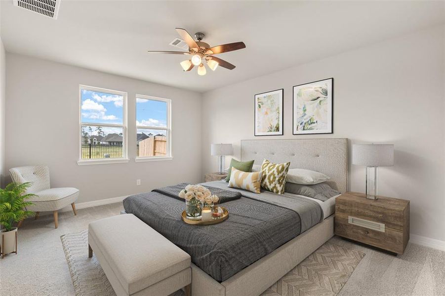 The primary bedroom is generously sized, creating a tranquil and spacious retreat that offers ample room for relaxation. Featuring plush carpet, high ceilings, fresh paint, and large windows that lets in natural lighting throughout the day.