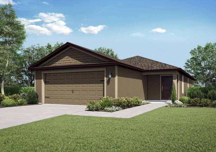 One-story home with a two-car garage and front yard landscaping.