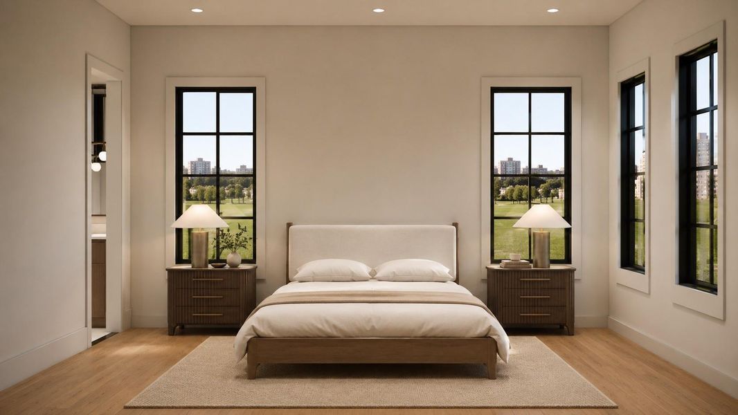 Rendering: Primary bedroom with high ceilings, wood flooring, and large windows.