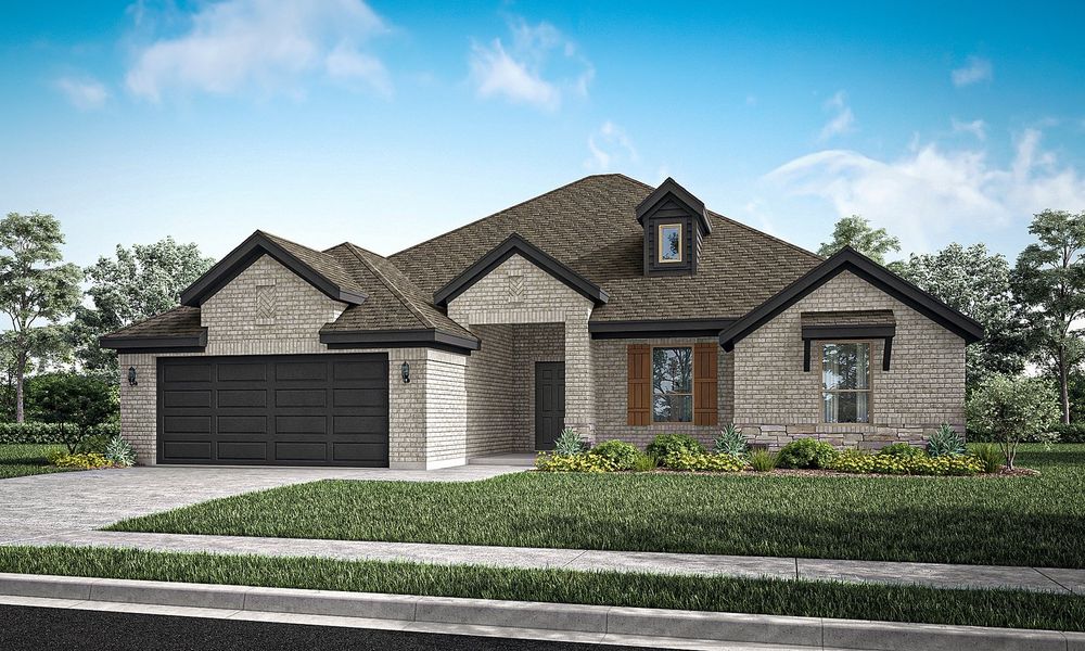 Representative exterior photo of a completed home built from the Cromwell II by Impression Homes in Mountain Valley Lake, Burleson, TX (Image 12). Representative exterior photo of a completed home built from the Cromwell II by Impression Homes in Mountain Valley Lake, Burleson, TX (Image 12).