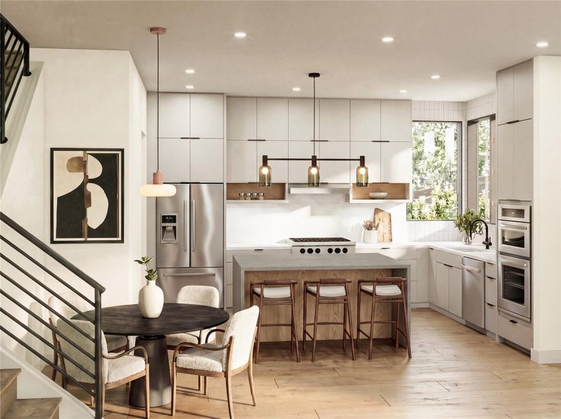 Hardwood floors and clean-lined cabinetry anchor this contemporary kitchen with a center island.