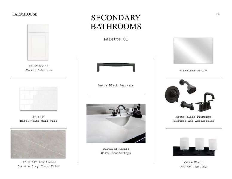 Farmhouse Look Palette 1: Secondary Bathroom Selection Sheet (*Artist rendering used for illustration purposes only.) Farmhouse Look Palette 1: Secondary Bathroom Selection Sheet (*Artist rendering used for illustration purposes only.)
