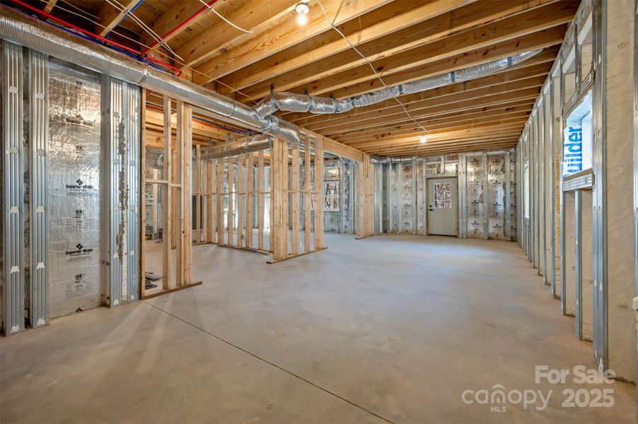 Full unfinished basement with door to the back patio