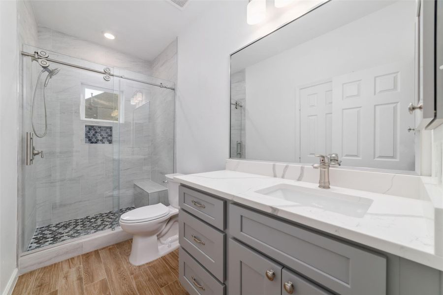 Bathroom 3. This also serves as the guest bathroom with door to main living area, so guests don't have to walk through any bedrooms. Bathroom 3. This also serves as the guest bathroom with door to main living area, so guests don't have to walk through any bedrooms.