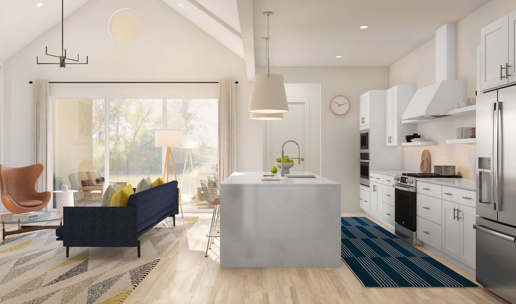 Kitchen with quartz island and countertops
