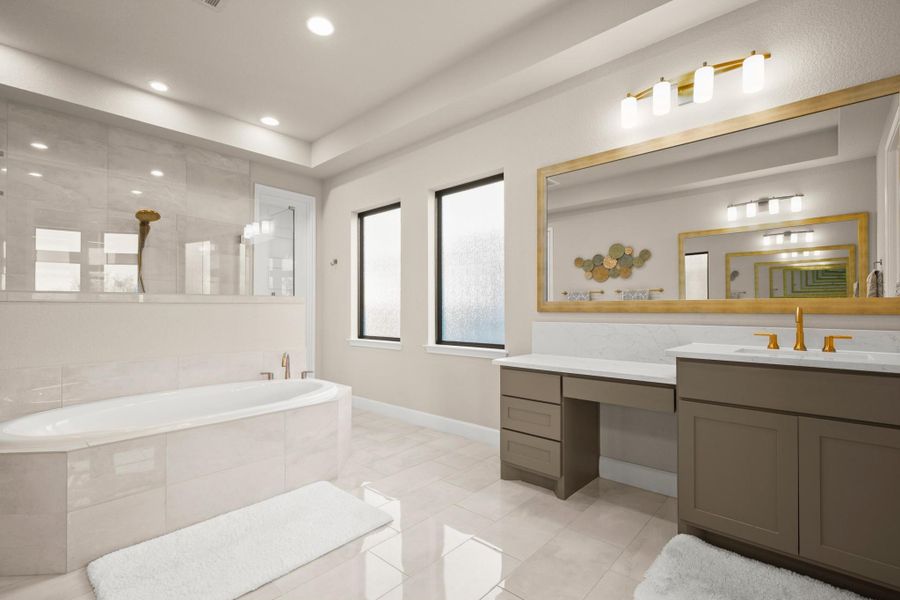 Bathroom with vanity, a walk in shower, a bath, light tile patterned floors, and recessed lighting Bathroom with vanity, a walk in shower, a bath, light tile patterned floors, and recessed lighting