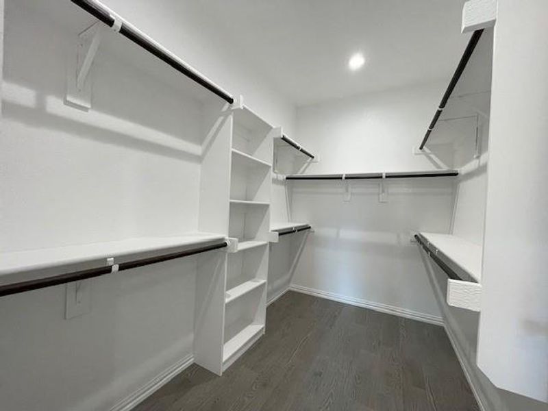 Master walk in closet featuring wood-style flooring and lots of storage Master walk in closet featuring wood-style flooring and lots of storage