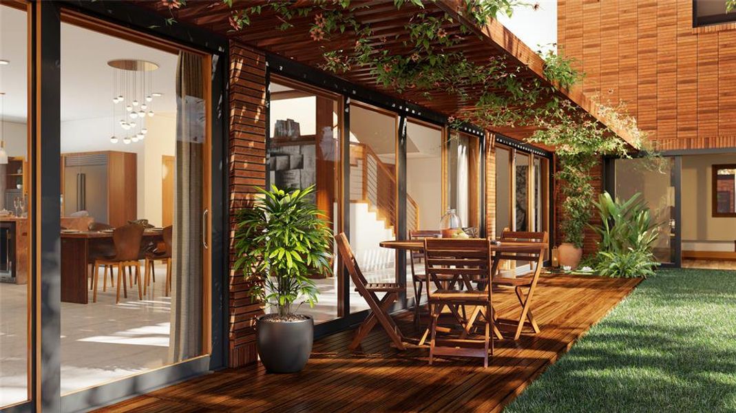 Wooden deck featuring outdoor dining area