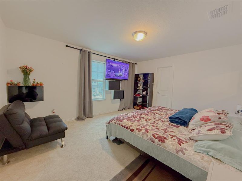 Bedroom with baseboards, visible vents, and carpet flooring