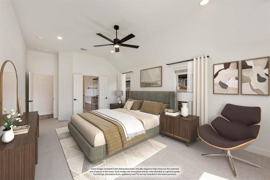 Primary bedroom with vaulted ceiling, ceiling fan, carpet flooring, and open door to ensuite bathroom Primary bedroom with vaulted ceiling, ceiling fan, carpet flooring, and open door to ensuite bathroom