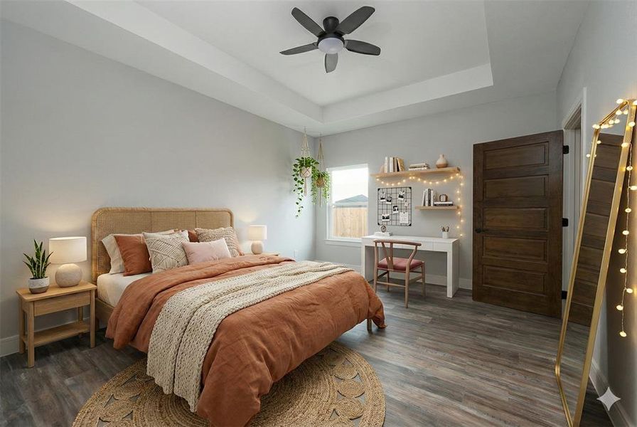 Virtually generated decoration. Bedroom featuring a raised ceiling, dark wood-style floors, and a ceiling fan