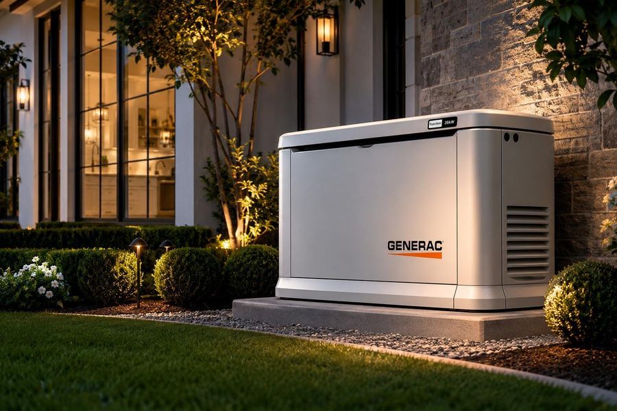Generac 26kW whole-home generator (rendering) providing comfort, convenience, and peace of mind