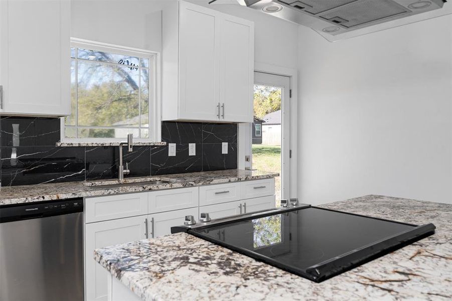 Kitchen with white cabinetry, dishwasher, light stone countertops, sink, and tasteful backsplash