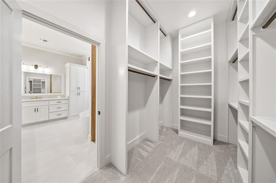 Walk in closet featuring light colored carpet