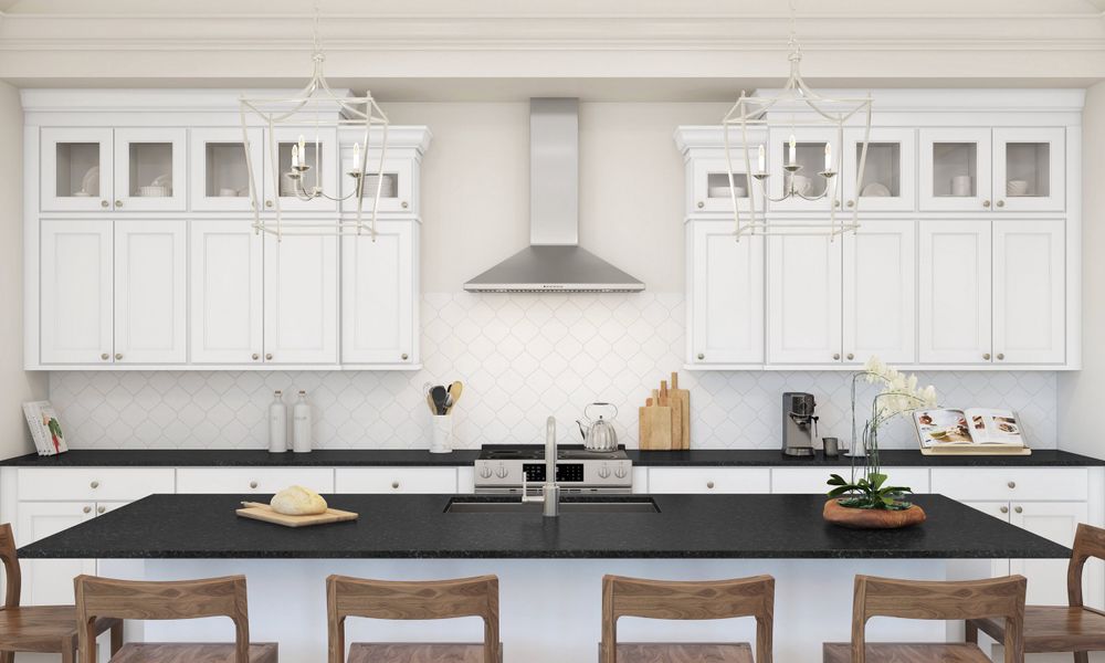 Kitchen with glass upper cabinets and pendant lighting