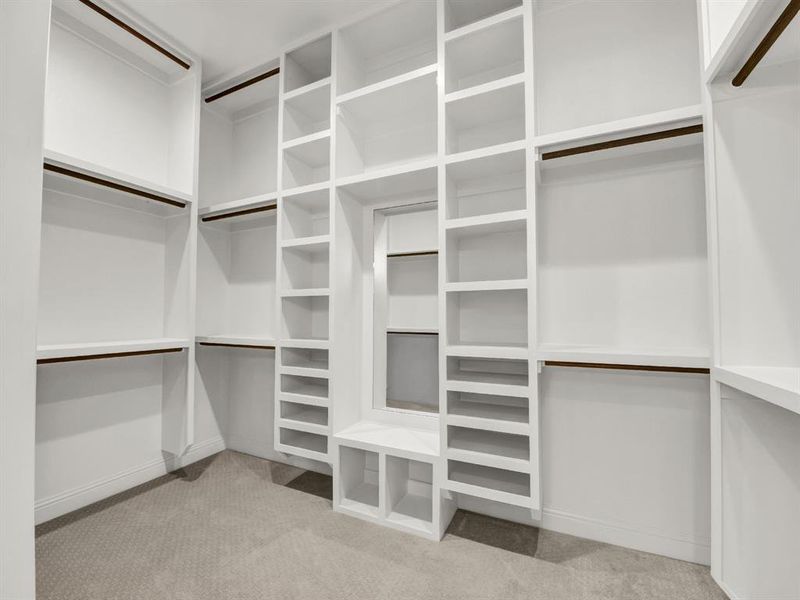 Spacious closet with light carpet