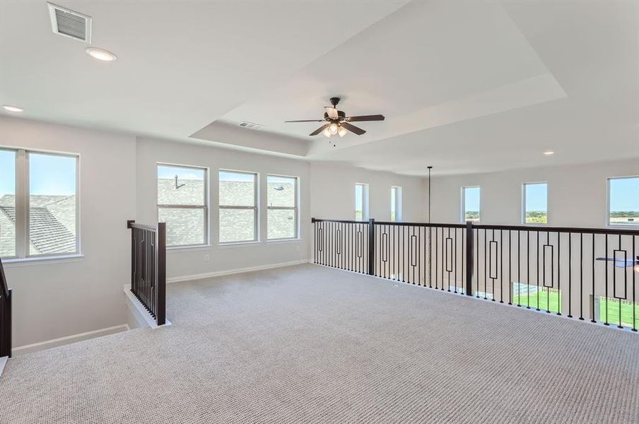 Unfurnished room with a wealth of natural light, a tray ceiling, ceiling fan, and carpet floors