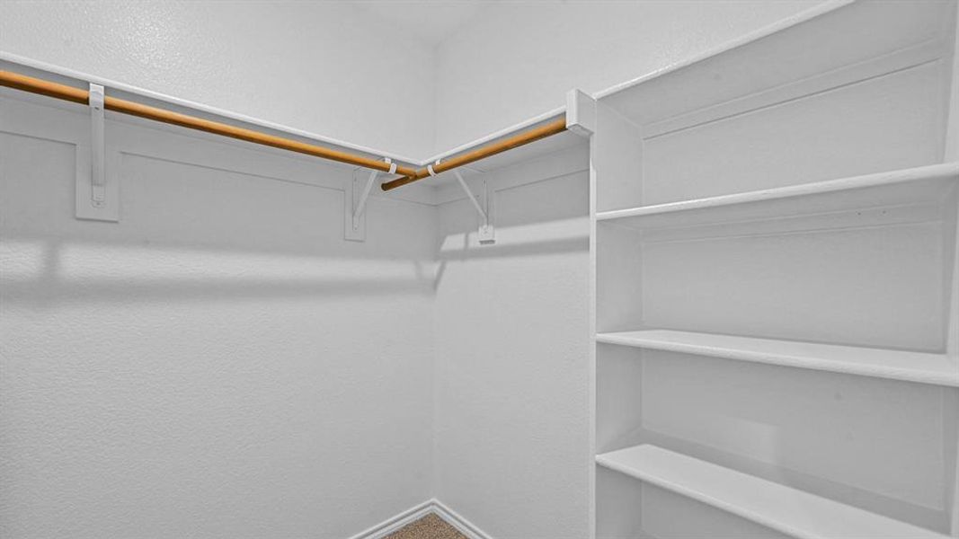 Walk in closet featuring dark carpet