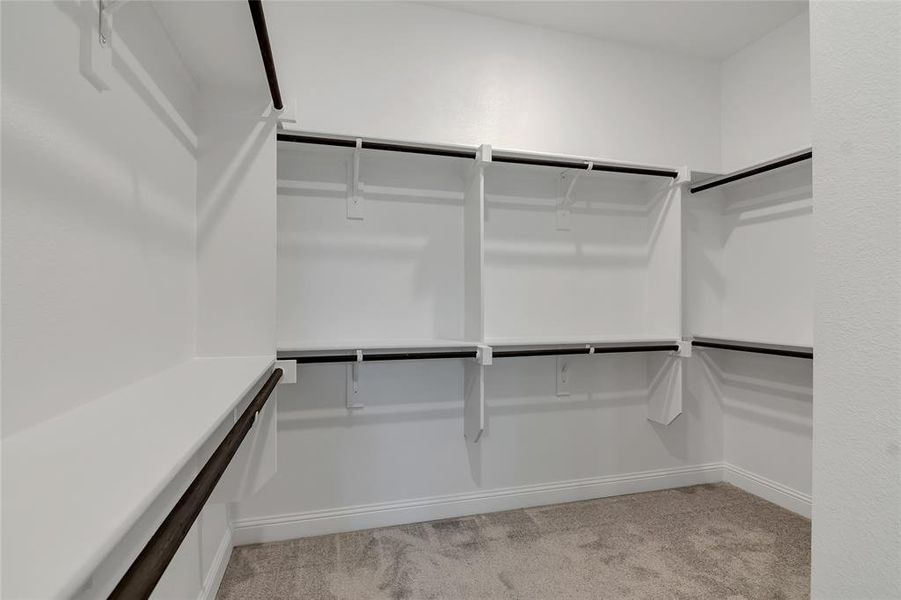 Spacious closet with light carpet