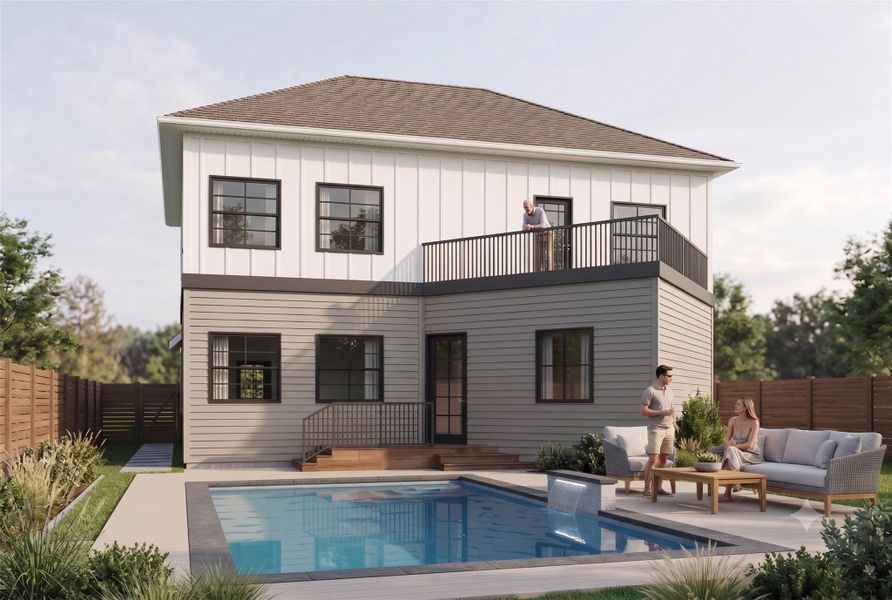 An inviting backyard oasis features a modern pool and an expansive second-story balcony.