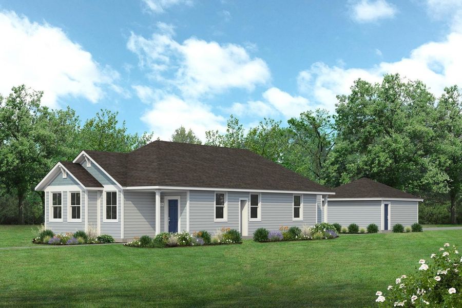 Rendering of one story two-toned blue home with blue door and detached garage with sky and landscaping Rendering of one story two-toned blue home with blue door and detached garage with sky and landscaping