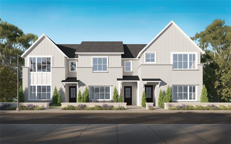 View of front facade, side yard and front yard with patio