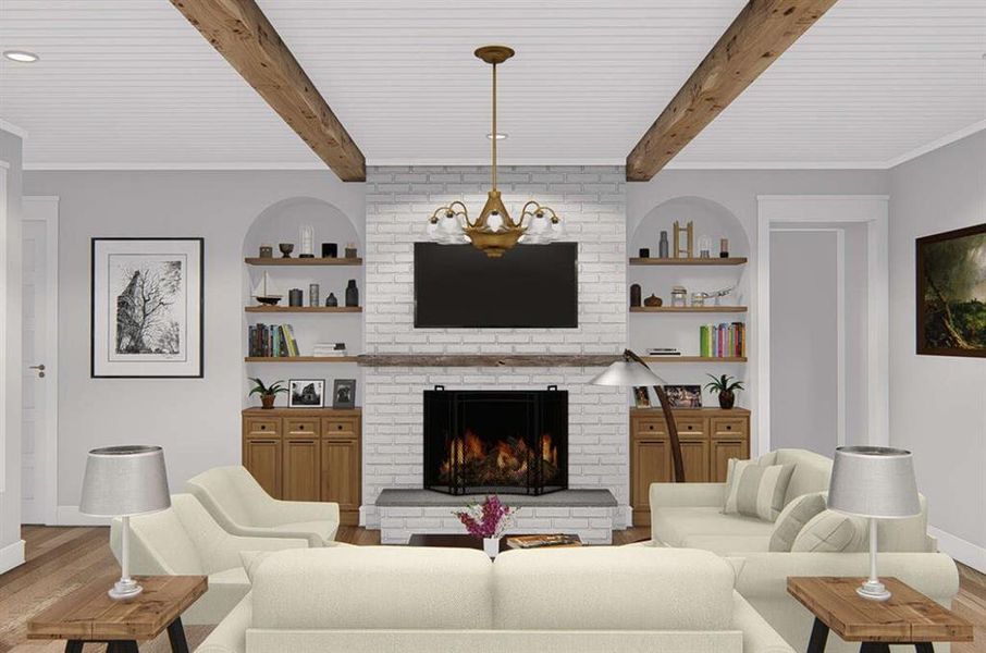 Living area with wood finished floors, a fireplace, ornamental molding, built in features, and beam ceiling