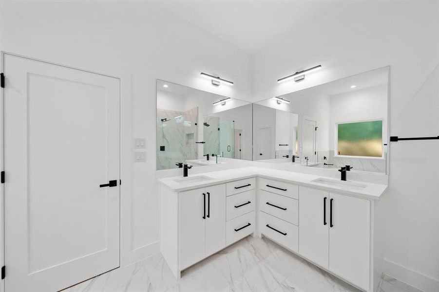 Bathroom with vanity and walk in shower