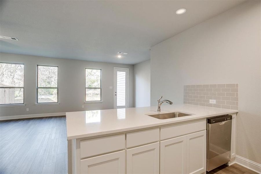 Kitchen featuring white cabinetry, wood-type flooring, sink, decorative backsplash, and stainless steel dishwasher