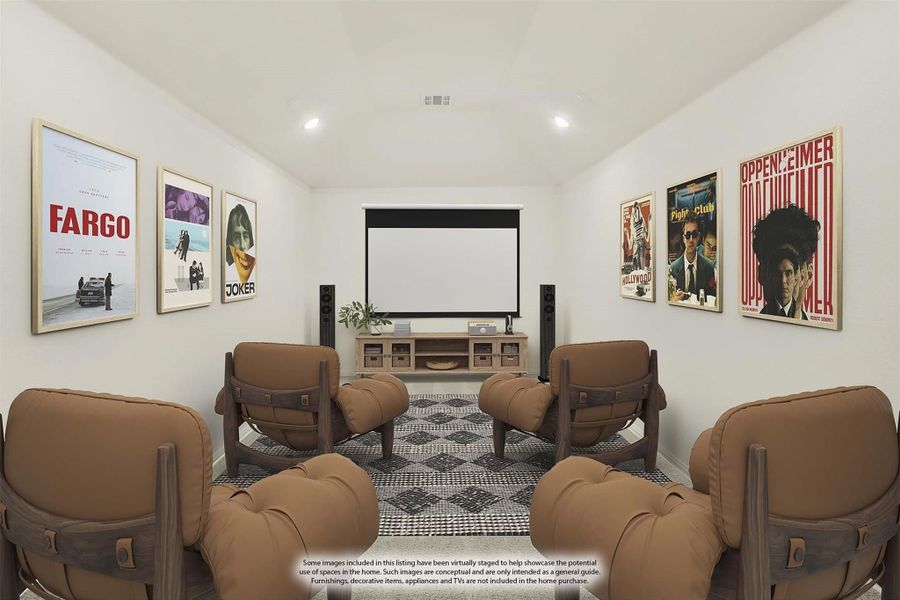Home theater room with projection screen, leather recliners, and movie posters on white walls Home theater room with projection screen, leather recliners, and movie posters on white walls